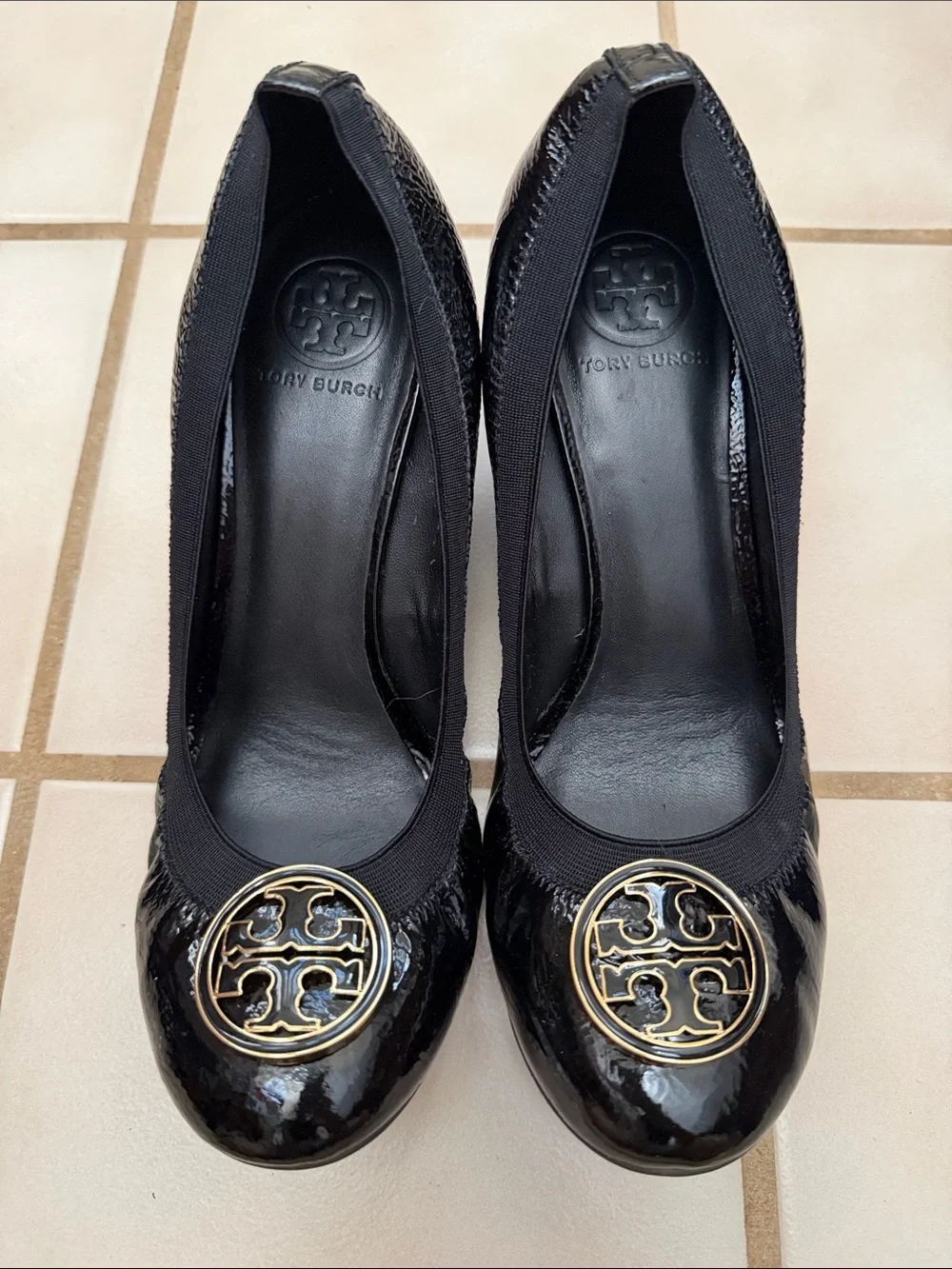 Tory Burch Black Patent Leather Heels with Gold Logo Medallion